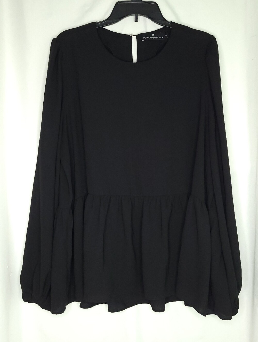 POMANDER PLACE Women's Black Peplum Long Sleeve Minimalist Blouse XXL